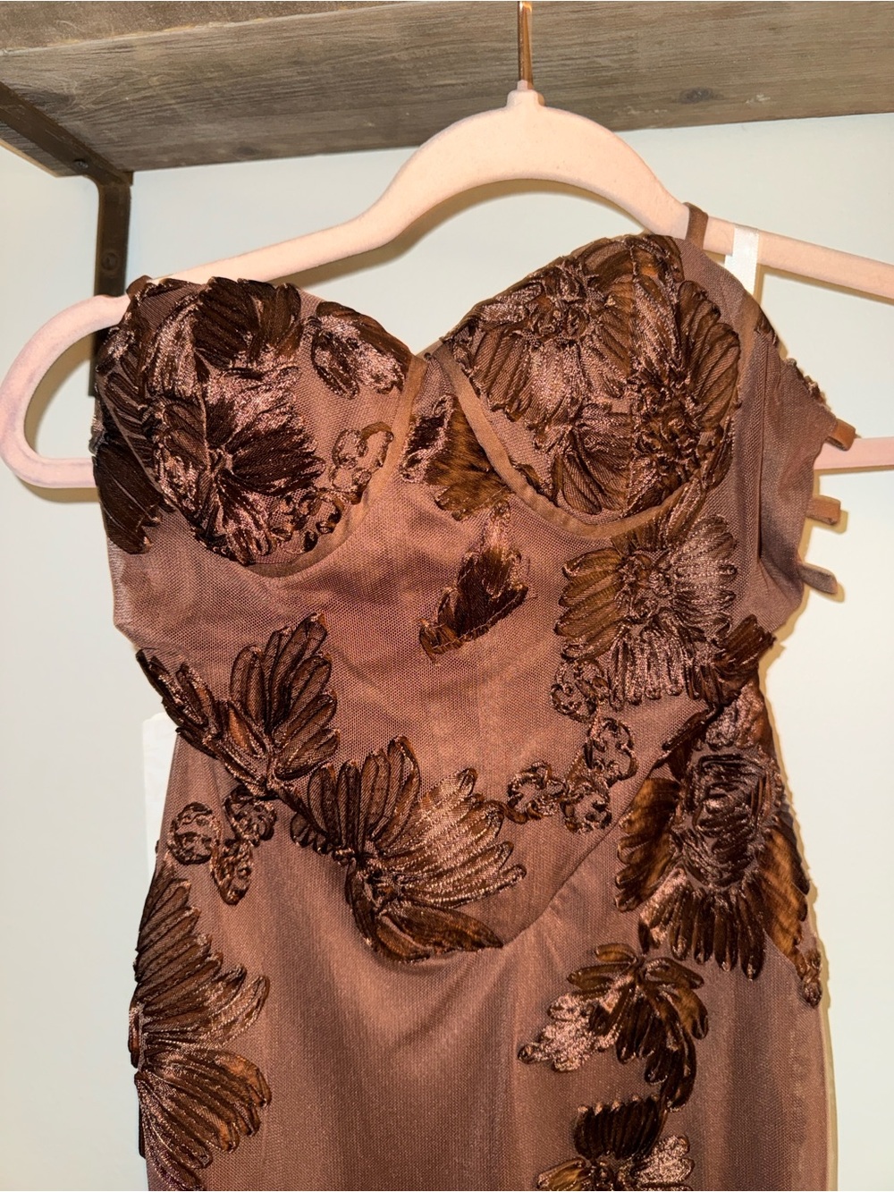 Strapless Brown Floral Appliqué Dress